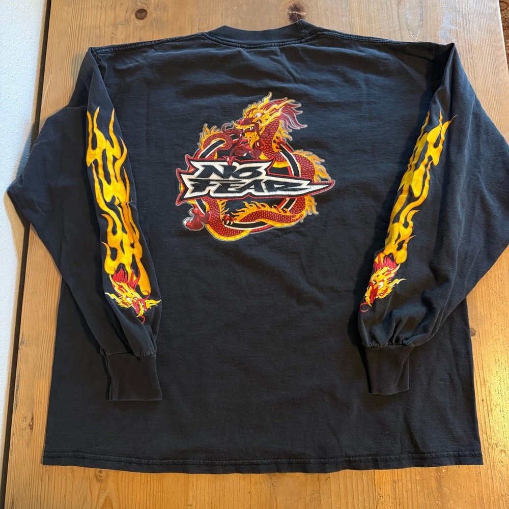 Vintage No Fear Dragon Flame Long Sleeve Shirt Mens Large Black 90s Made in USA